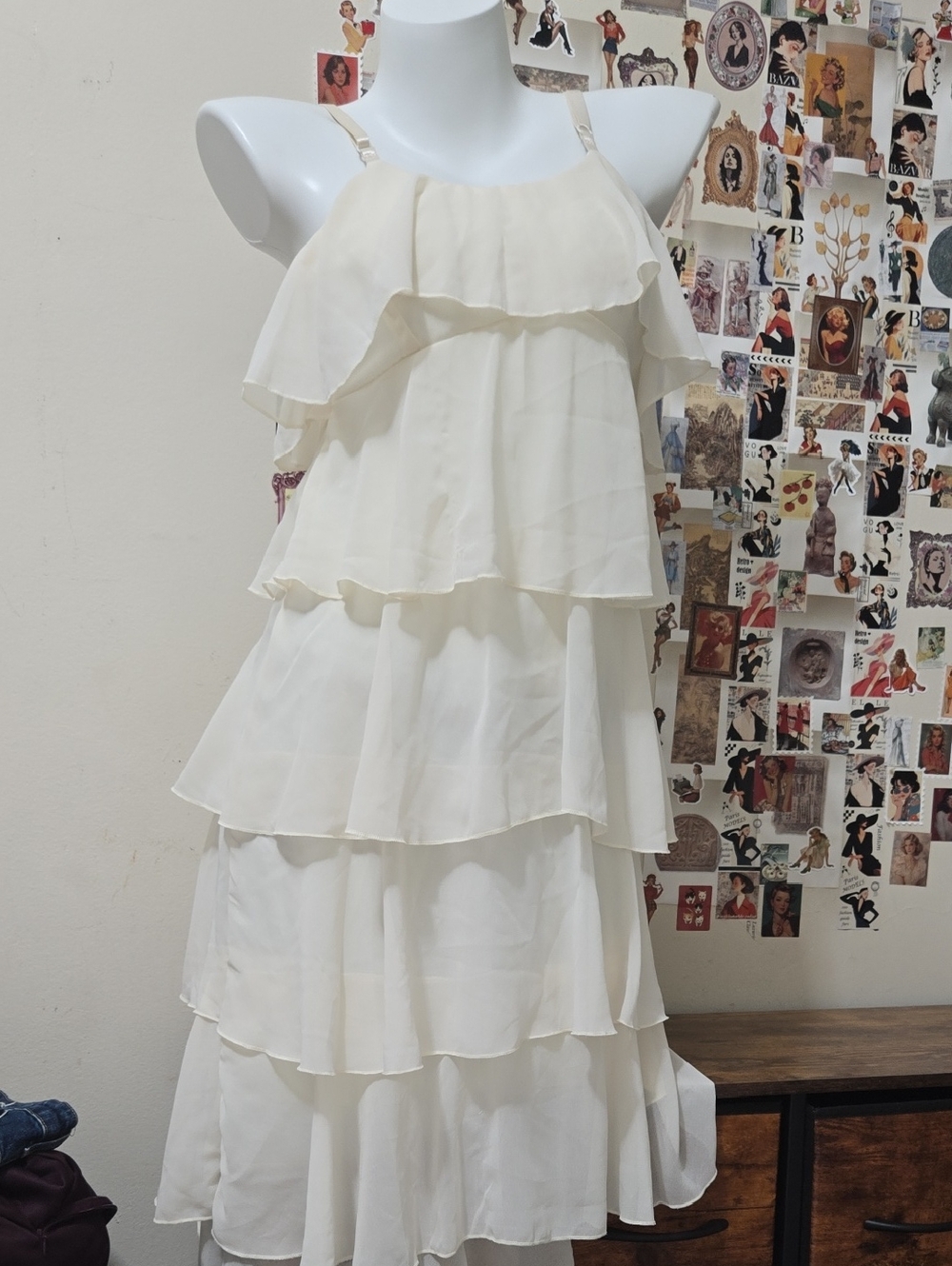 Butter Yellow Tiered Ruffle Midi Dress Adjustable Straps Size M IvorySundress - Picture 1 of 5